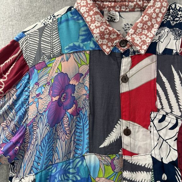 Island Goddess Aloha Hawaiian Button Up Shirt mens Medium Floral Patchwork - Picture 7 of 12